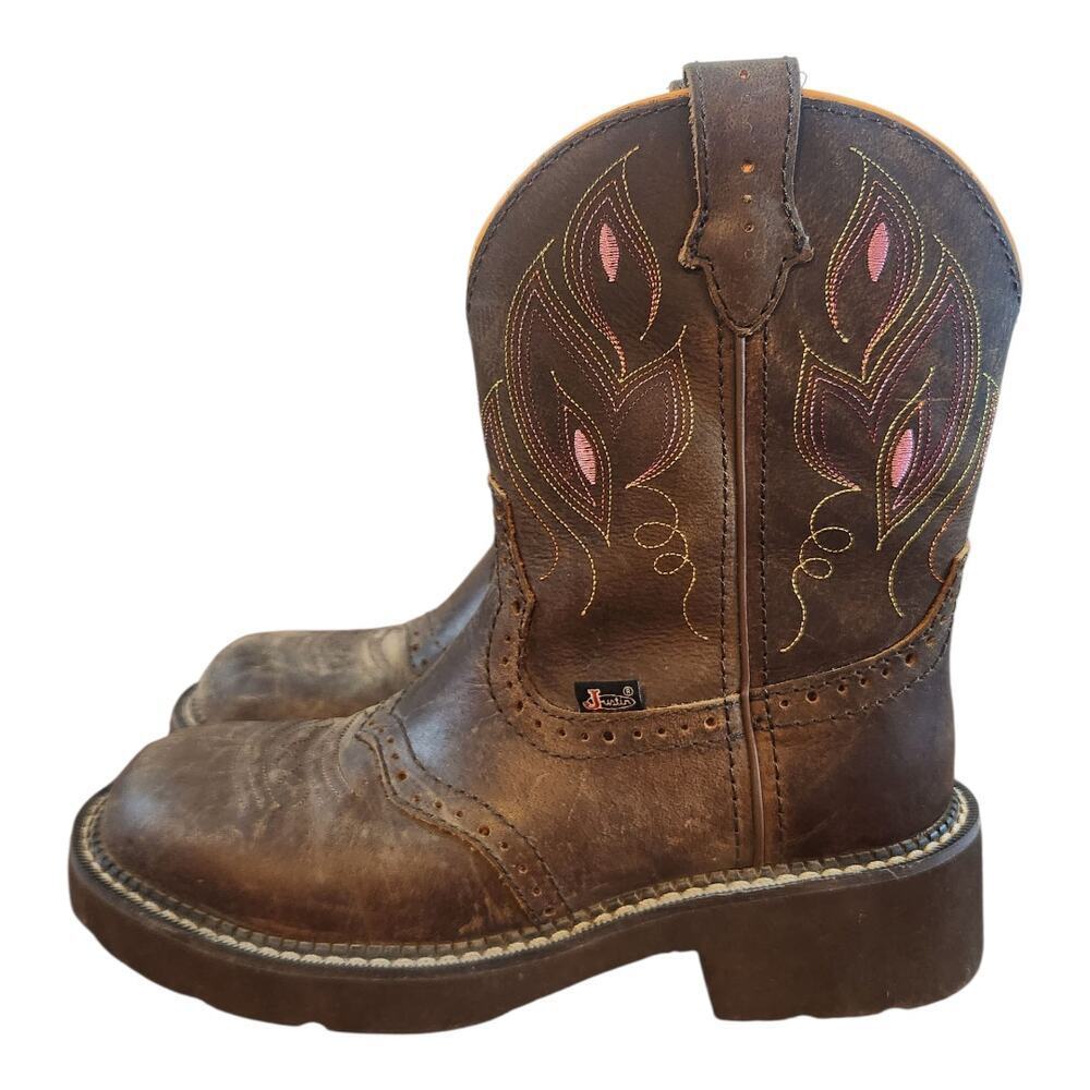 Justin Boots sz‎ 6.5B Leather brown pink GY9526 cowgirl round toe Western